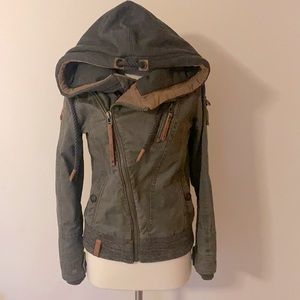 Naketano Women's Olive Green Hooded Heavy Fleece Lined Warm Jacket Coat